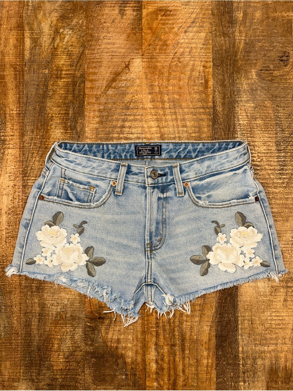 Abercrombie & Fitch Light Blue Denim Floral Embroidered Cutoff Shorts